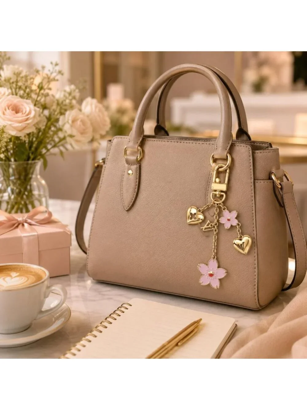 Cute Cherry Blossom Keychain Charm | Flower & Heart Bag Accessory with Swivel